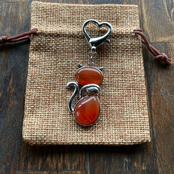 Hand Crafted Jewelry - Carnelian Cat Keyring Charm Carnelian Cat Bag Charm Kitty Cat Crystal Charm